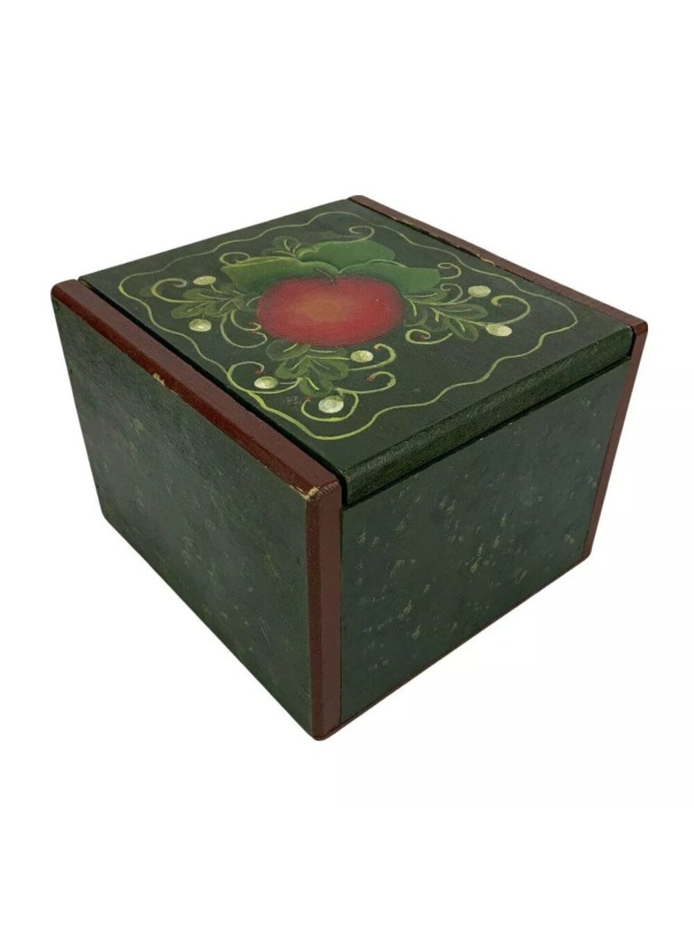 Hand Painted Wood Recipe Box Card File Apple Green Red Country Kitchen Farmhouse